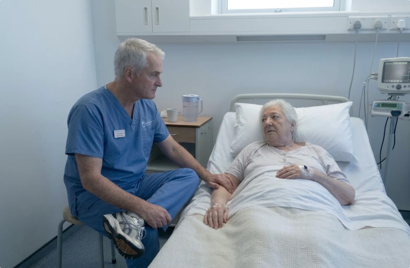 A cold, rushed snapshot of a nurse and patient on a ward